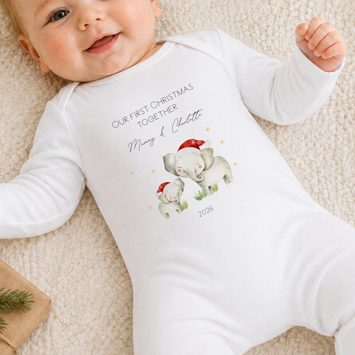 Personalised Elephant Our First Christmas Together Baby Grow, Vest or Bib