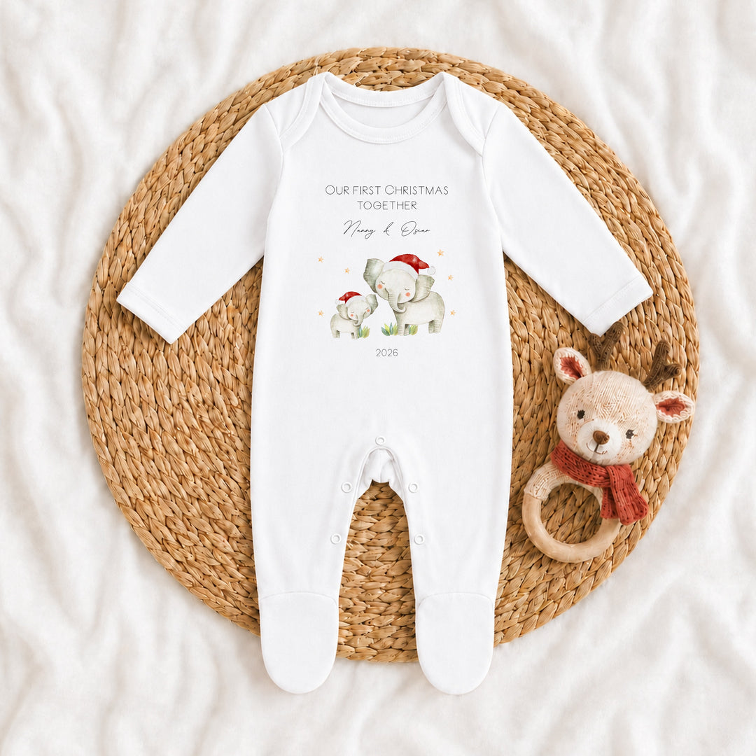 Personalised Elephant Our First Christmas Together Baby Grow, Vest or Bib