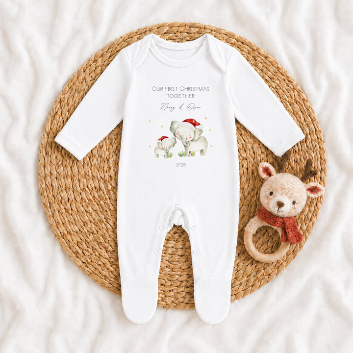Personalised Elephant Our First Christmas Together Baby Grow, Vest or Bib