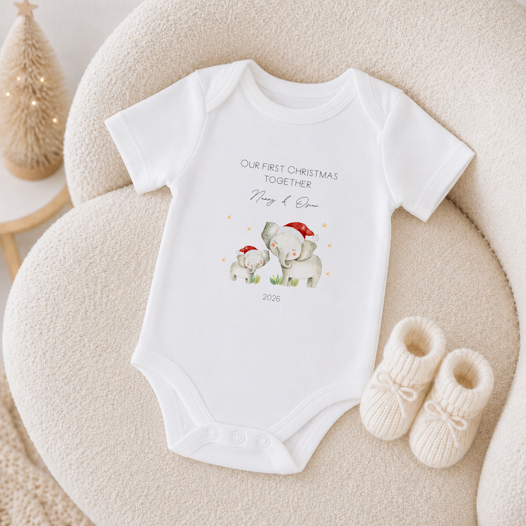 Personalised Elephant Our First Christmas Together Baby Grow, Vest or Bib