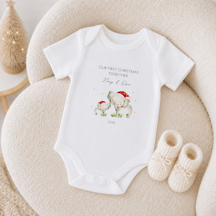 Personalised Elephant Our First Christmas Together Baby Grow, Vest or Bib
