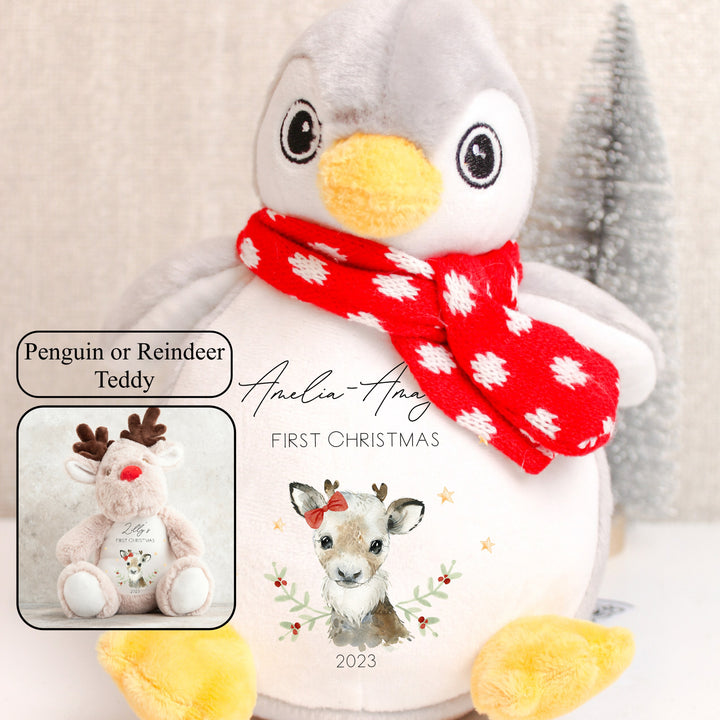 First Christmas GIRL REINDEER Personalised Penguin