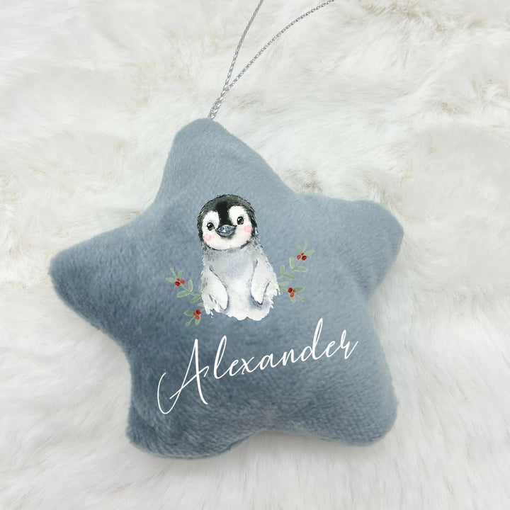 Personalised Penguin Star Ornament | Pink, Blue, Grey and White