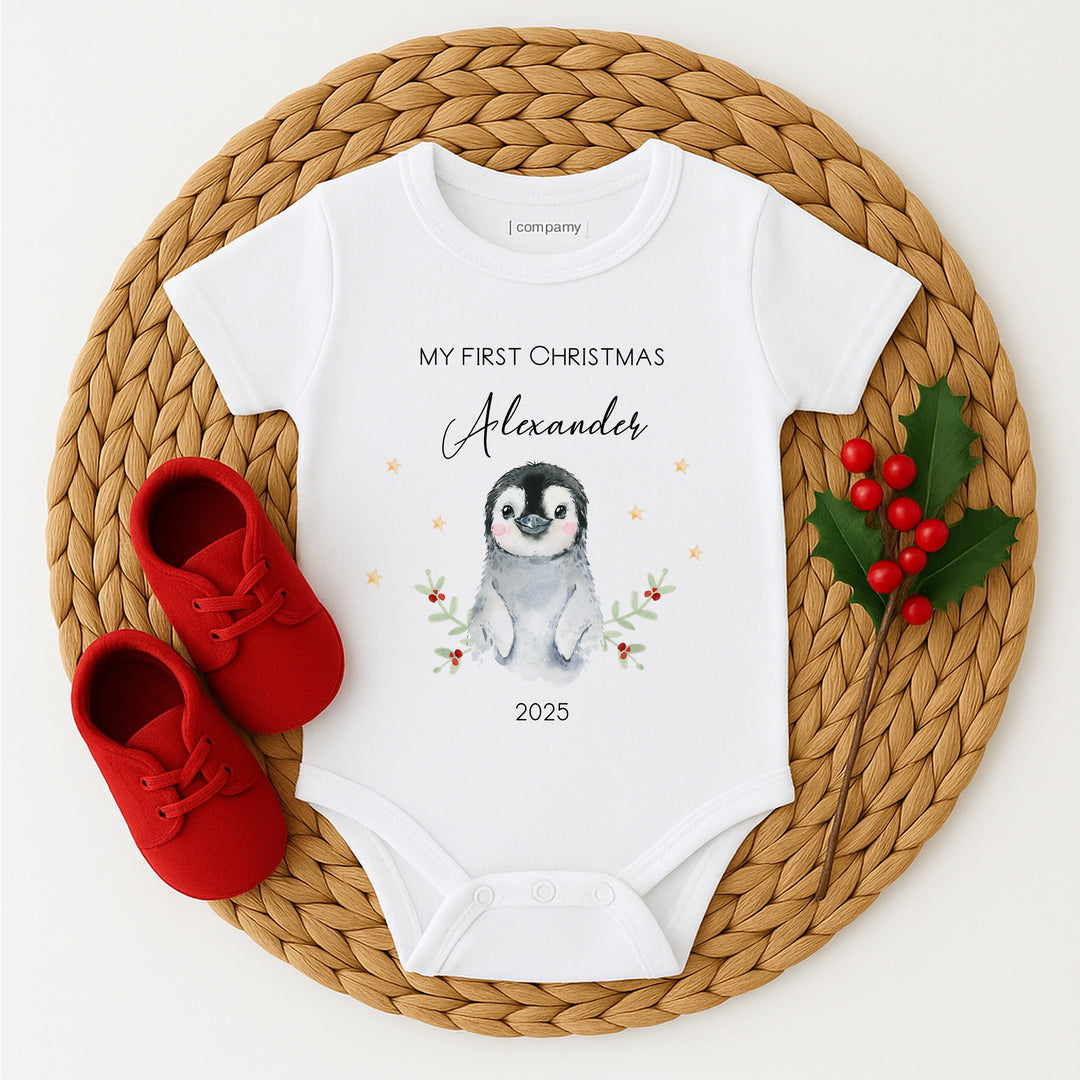 Personalised My First Christmas Little Penguin Baby Grow/Vest/Bib