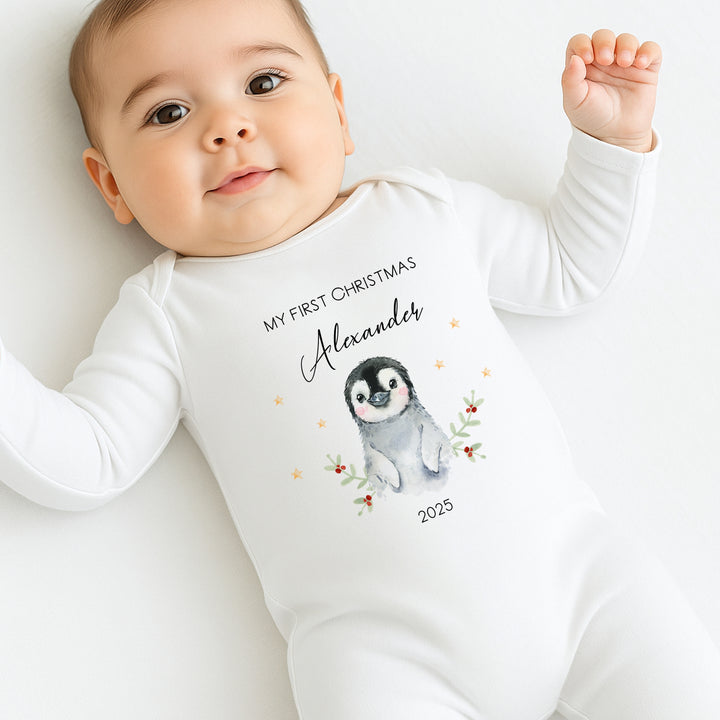Personalised My First Christmas Little Penguin Baby Grow/Vest/Bib