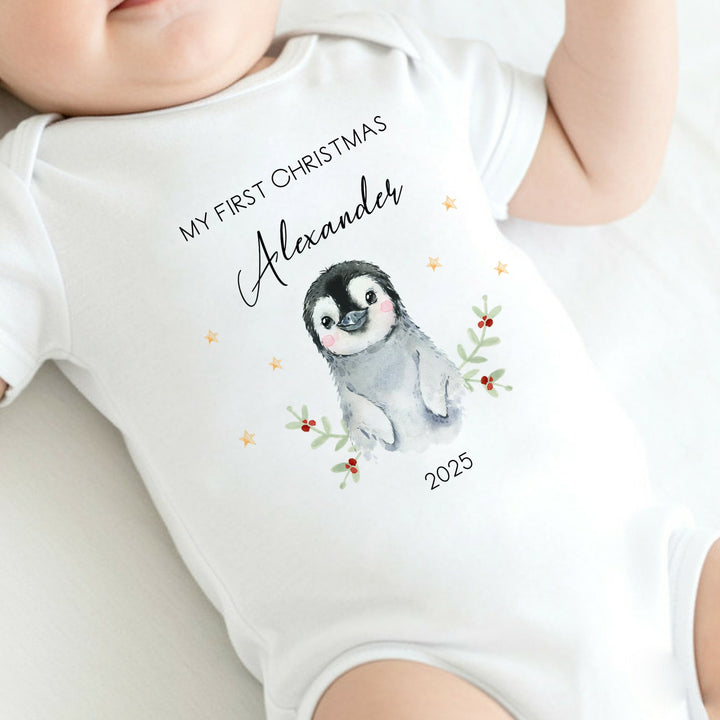 Personalised My First Christmas Little Penguin Baby Grow/Vest/Bib