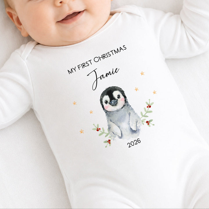 Personalised My First Christmas Little Penguin Baby Grow, Vest or Bib
