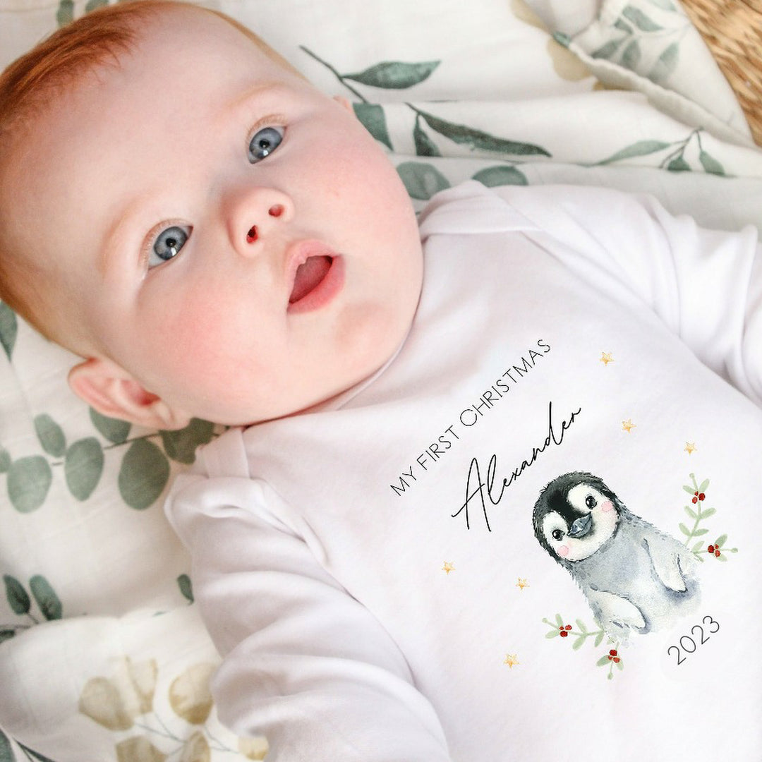 Personalised My First Christmas Little Penguin Babygrow/Vest/Bib