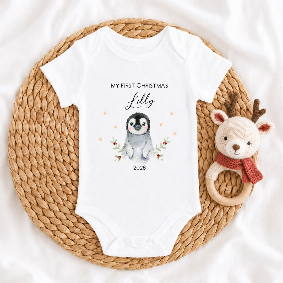 Personalised My First Christmas Little Penguin Baby Grow, Vest or Bib