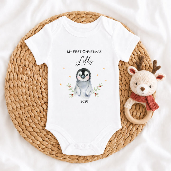 Personalised My First Christmas Little Penguin Baby Grow, Vest or Bib