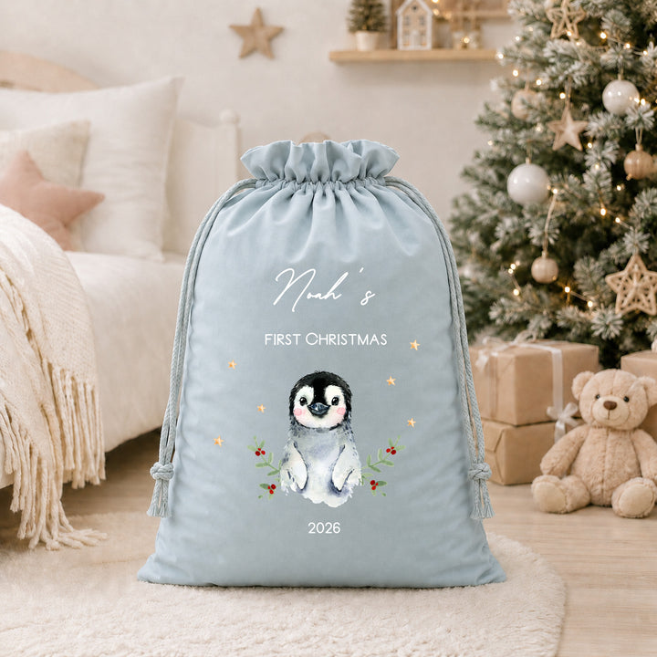 Personalised Penguin My First Christmas Santa Sack or Stocking