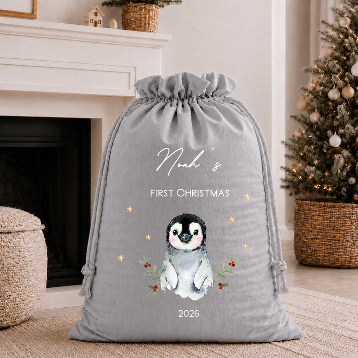 Personalised Penguin My First Christmas Santa Sack or Stocking