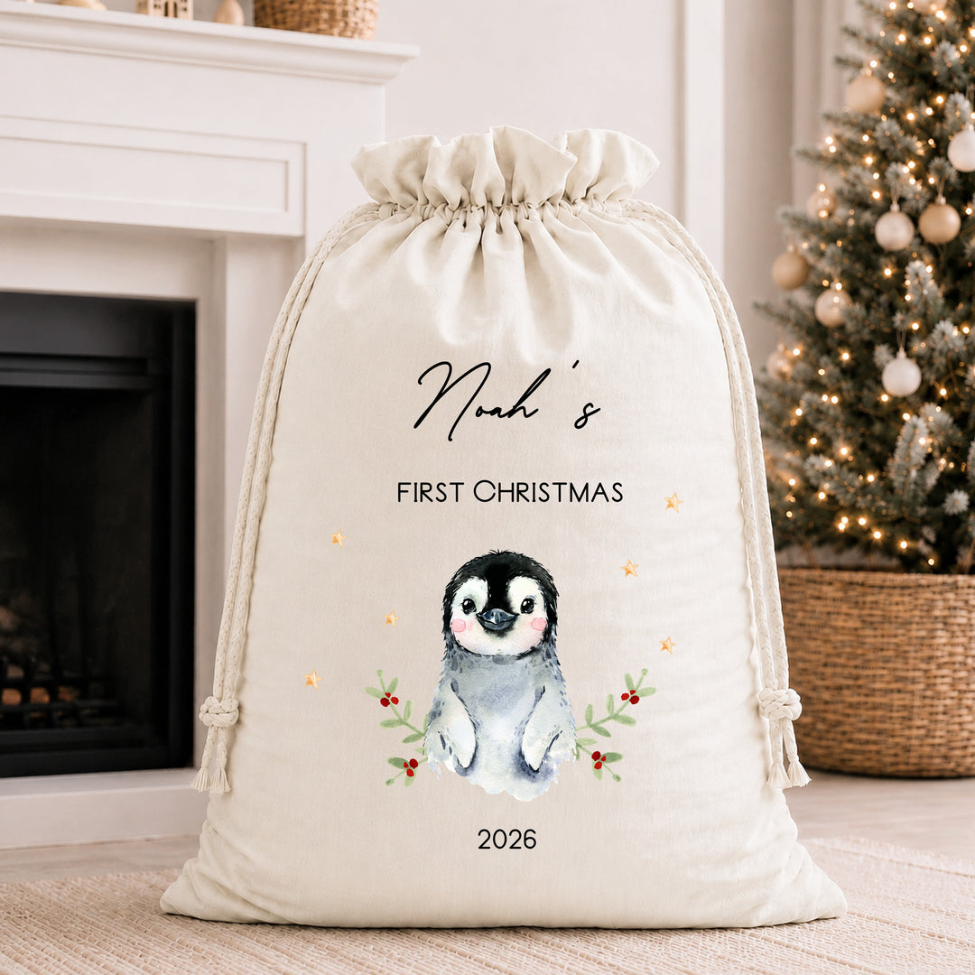 Personalised Penguin My First Christmas Santa Sack or Stocking