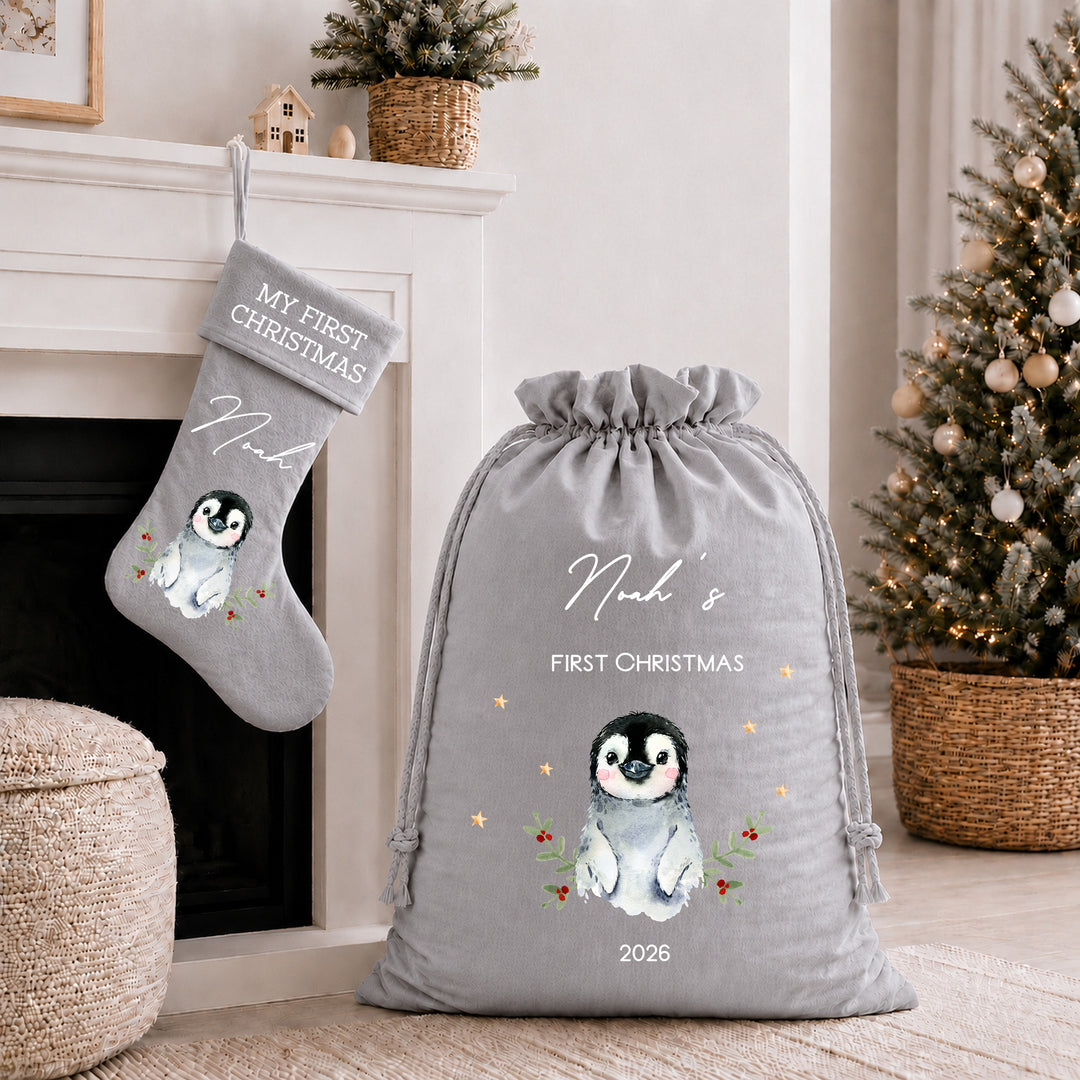 Personalised Penguin My First Christmas Santa Sack or Stocking