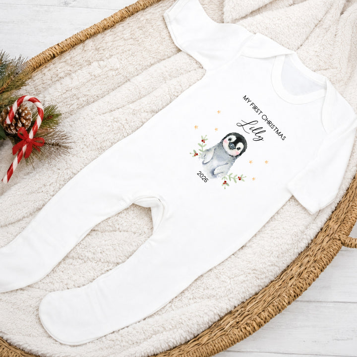 Personalised My First Christmas Little Penguin Baby Grow, Vest or Bib