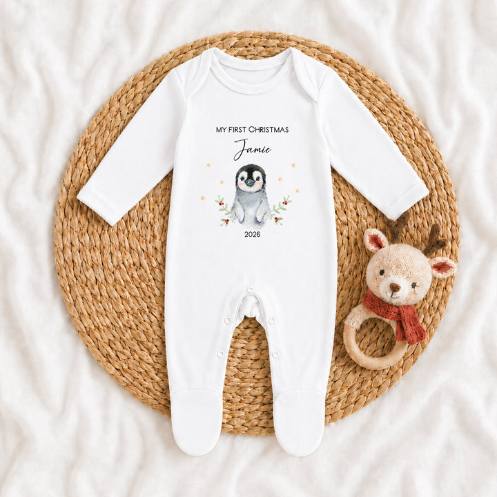 Personalised My First Christmas Little Penguin Baby Grow, Vest or Bib