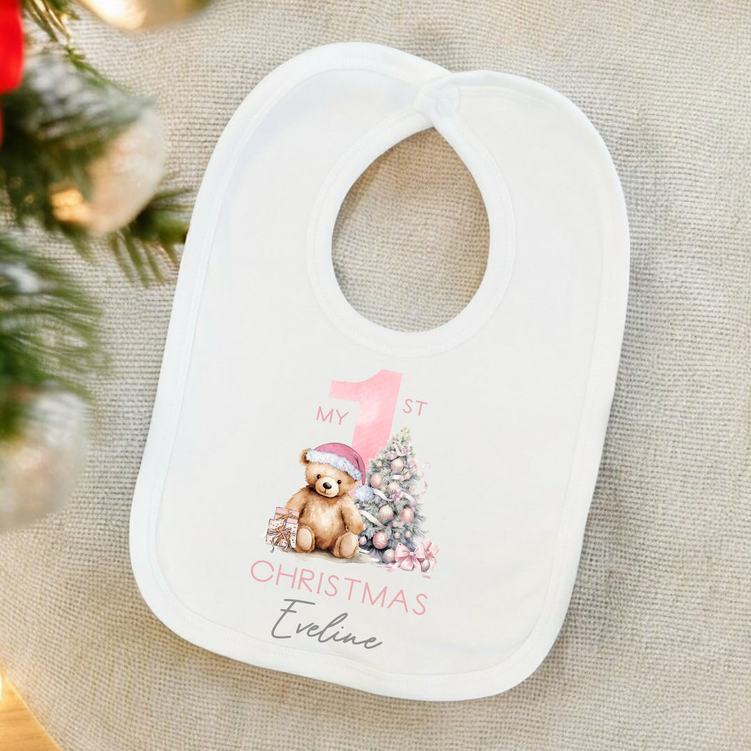 My First Christmas Pink Teddy Babygrow/Vest/Bib