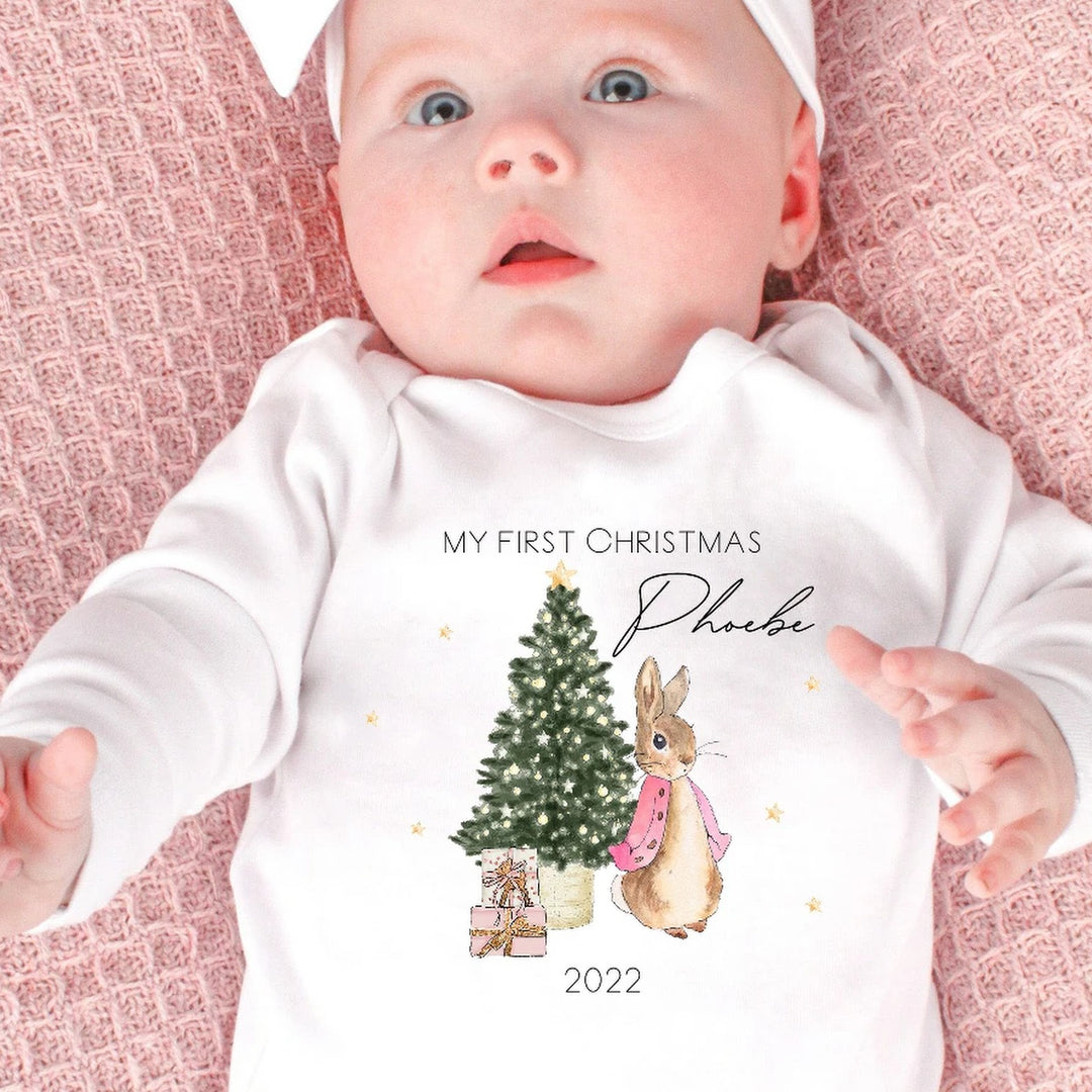 My First Christmas Pink Classic Pink Rabbit Girls Personalised Baby Outfit (Bib | Vest | Babygrow)