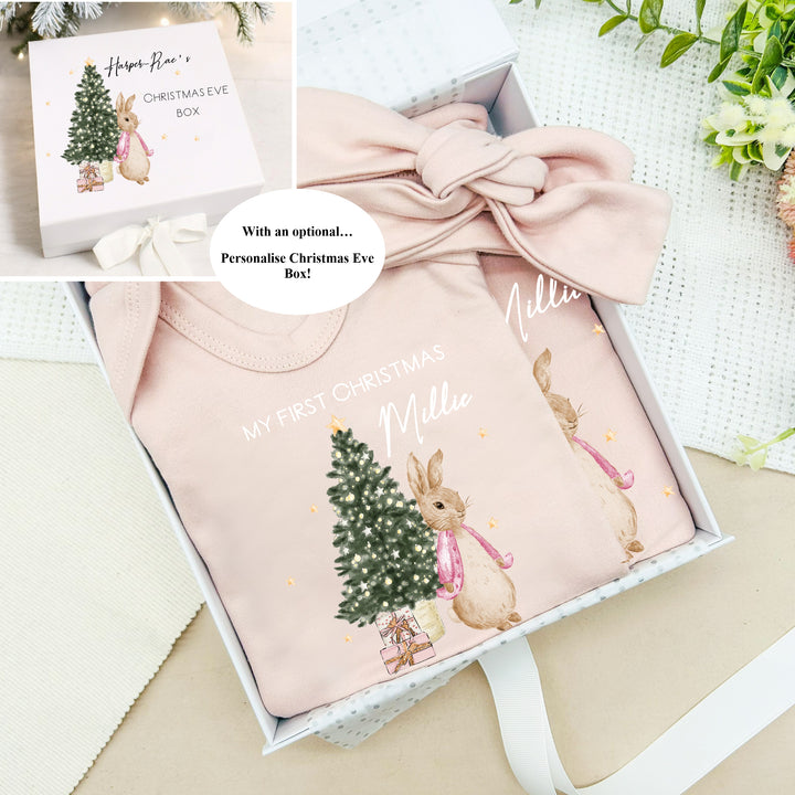 Personalised First Christmas Pink Rabbit Clothing Gift Set
