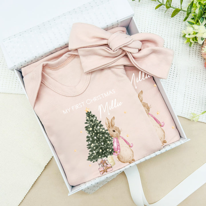 Personalised First Christmas Pink Rabbit Clothing Gift Set