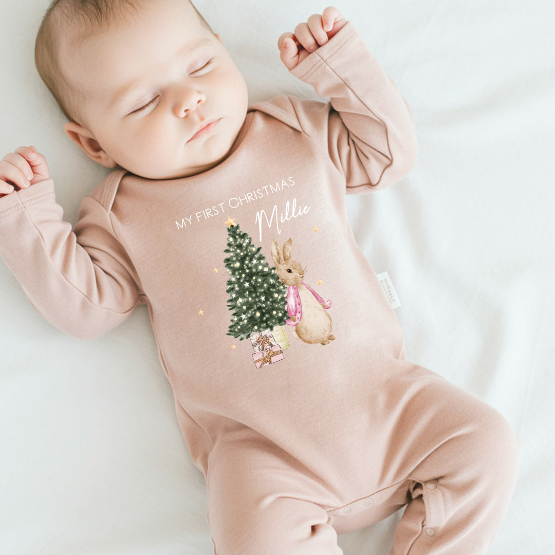 Personalised First Christmas Pink Rabbit Clothing Gift Set
