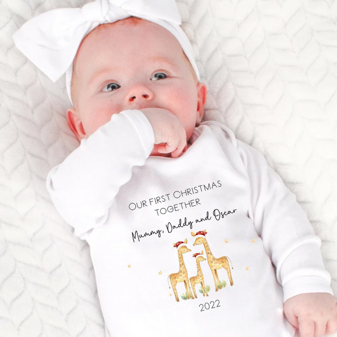 Our First Christmas Giraffe Family Personalised Baby Outfit (Bib | Vest | Babygrow)