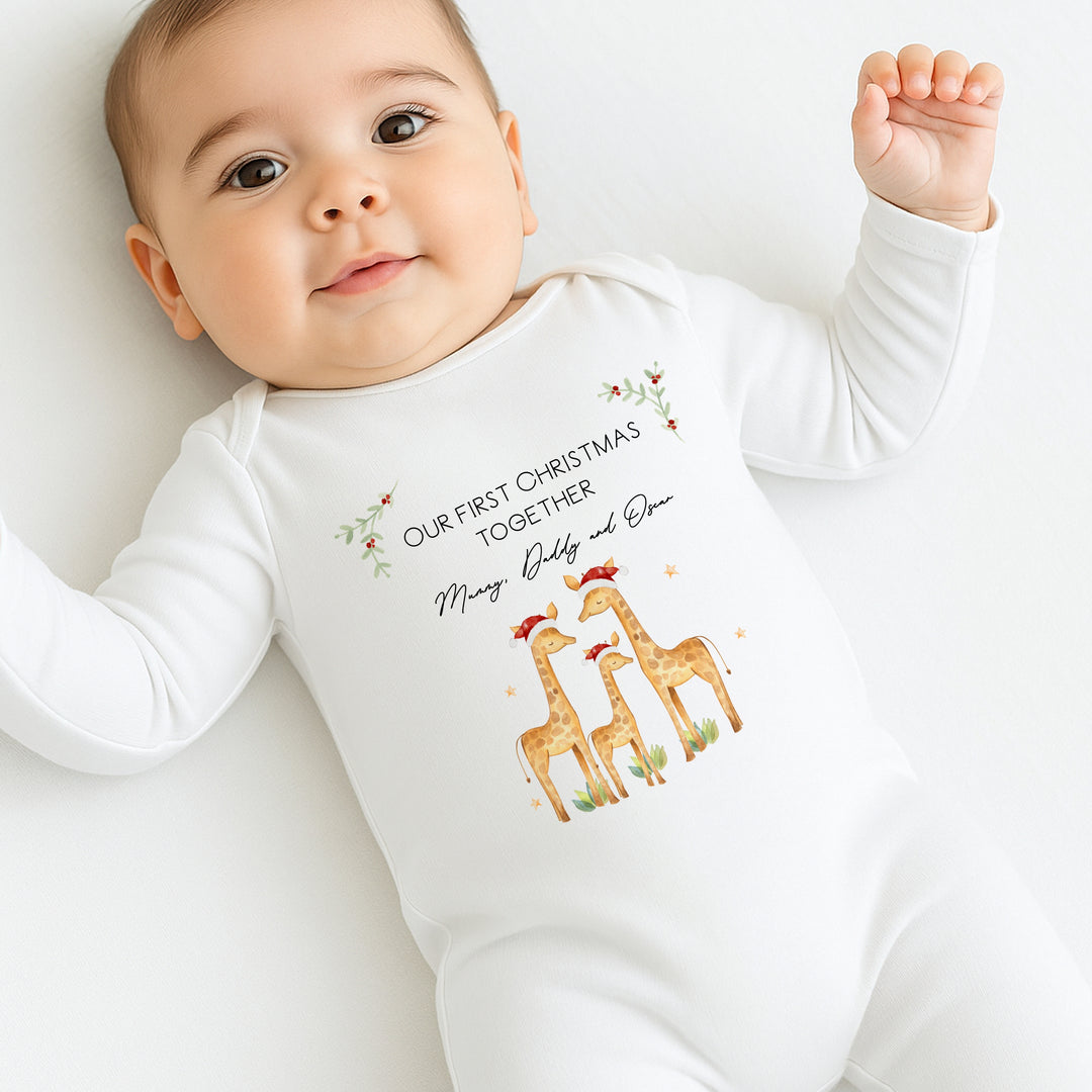 Personalised Giraffe First Christmas Togther Baby Grow/Vest/Bib