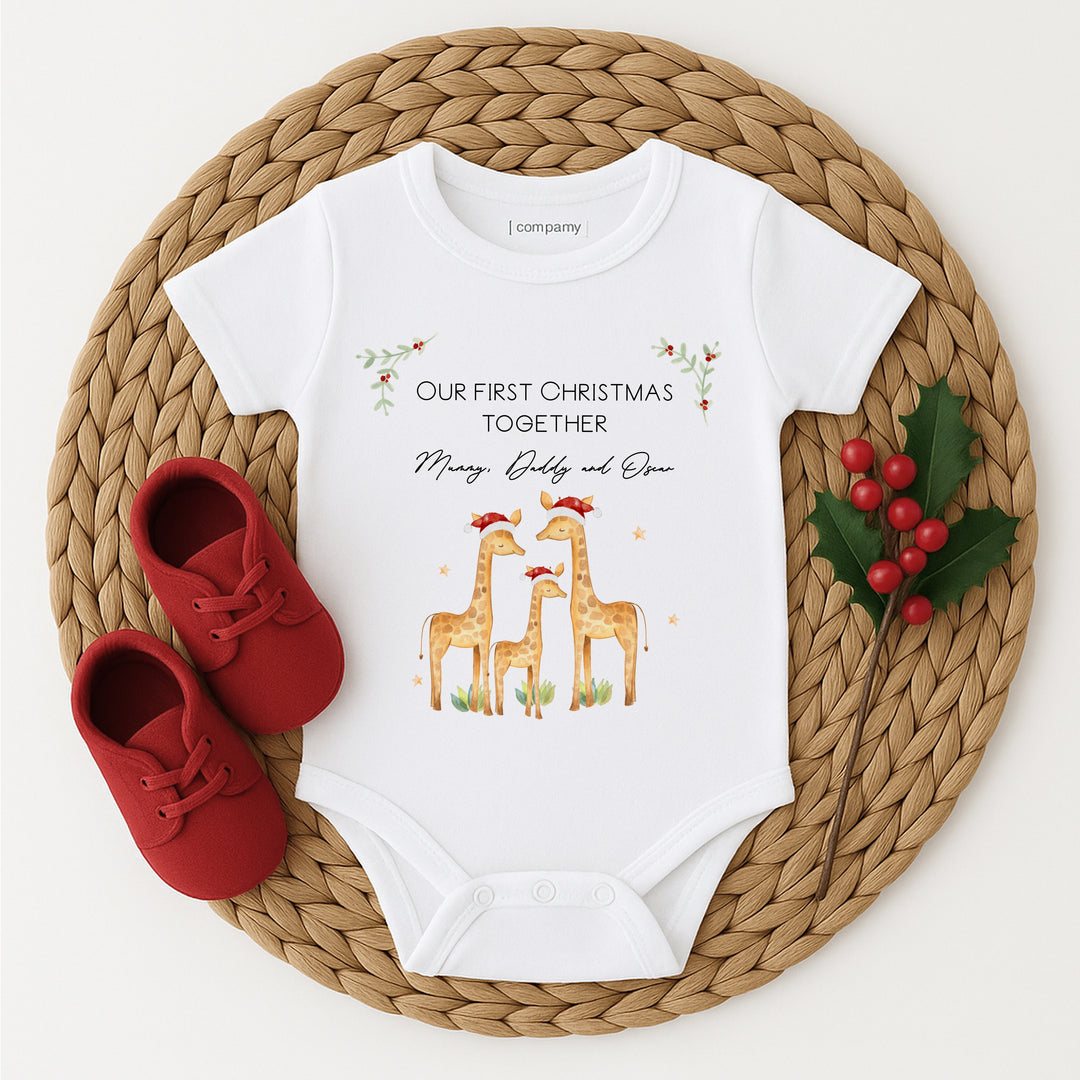 Personalised Giraffe First Christmas Togther Baby Grow/Vest/Bib
