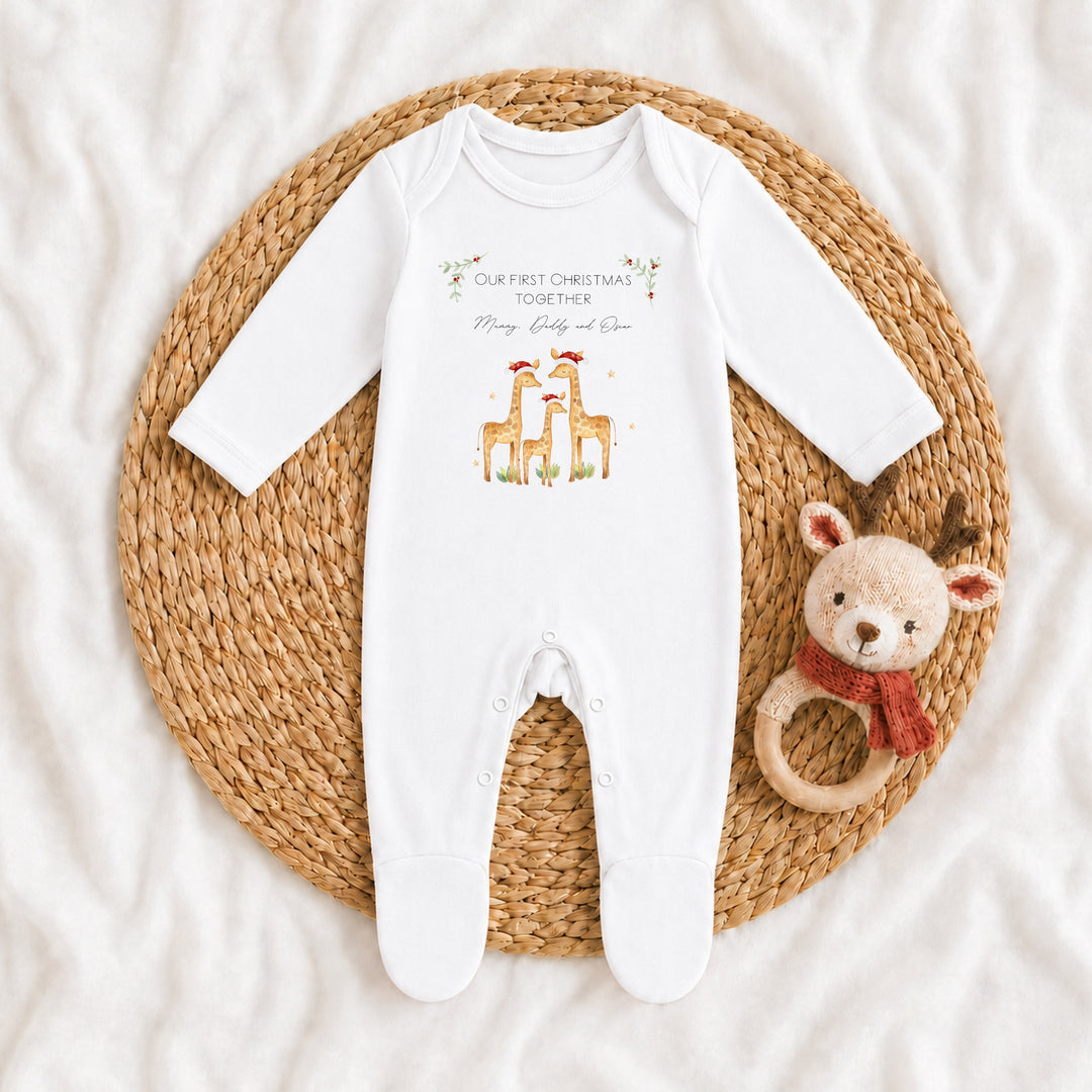 Personalised Giraffe Our First Christmas As A Family Baby Grow, Vest or Bib