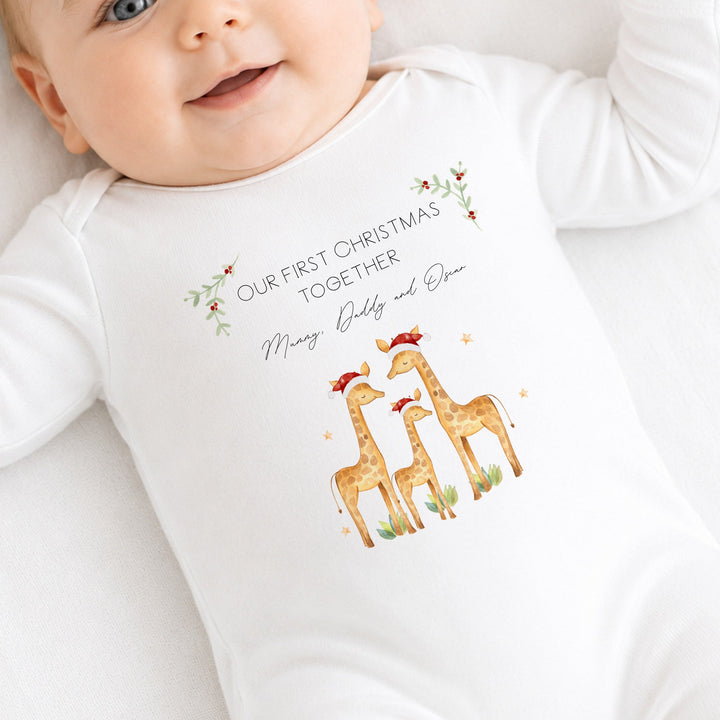 Personalised Giraffe Our First Christmas As A Family Baby Grow, Vest or Bib