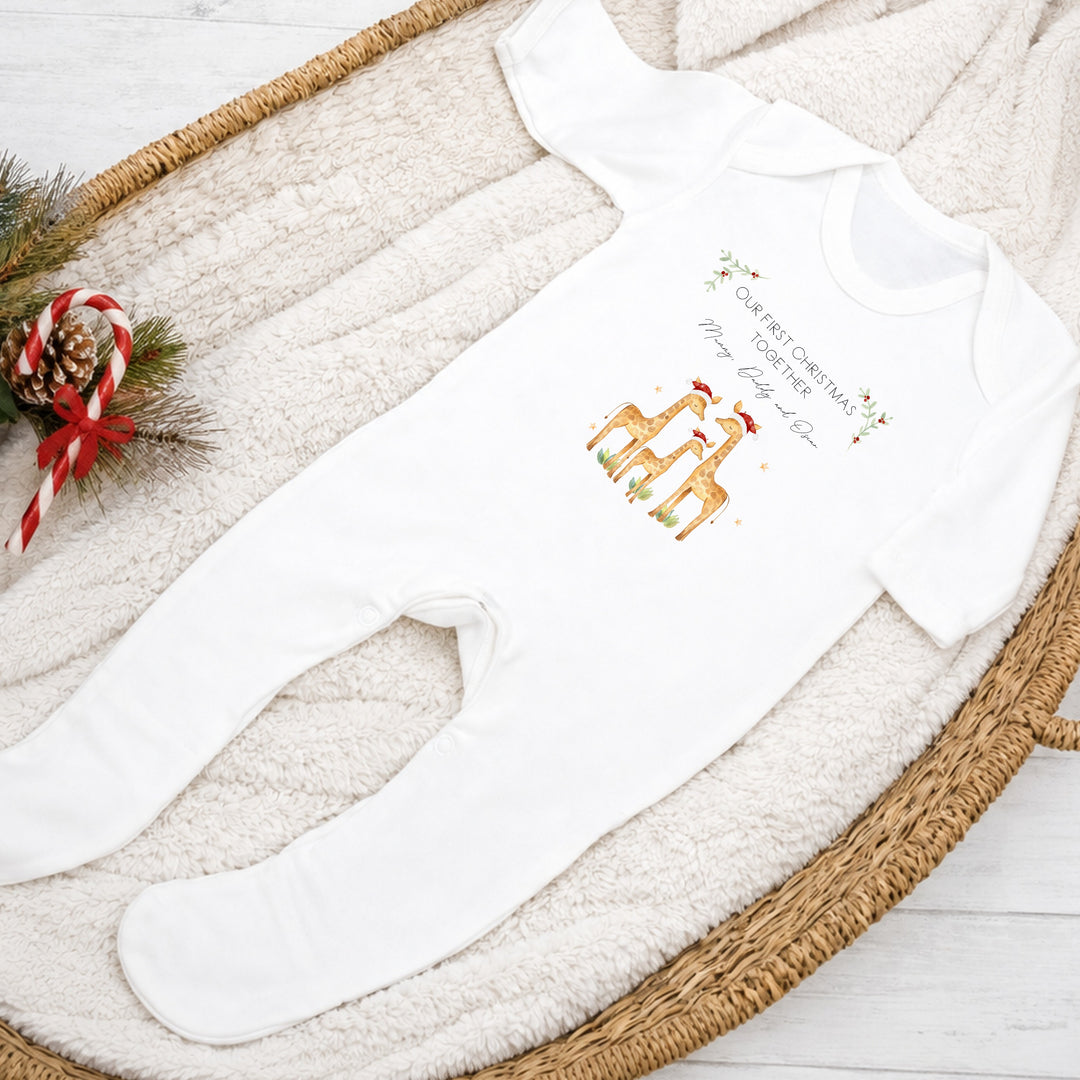 Personalised Giraffe Our First Christmas As A Family Baby Grow, Vest or Bib
