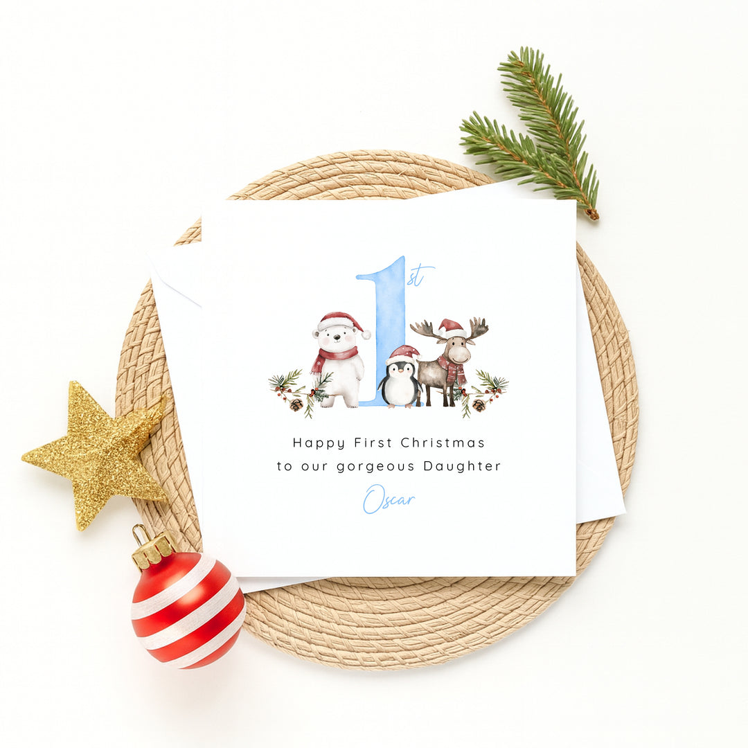 Personalised Woodlands Happy First Christmas Card
