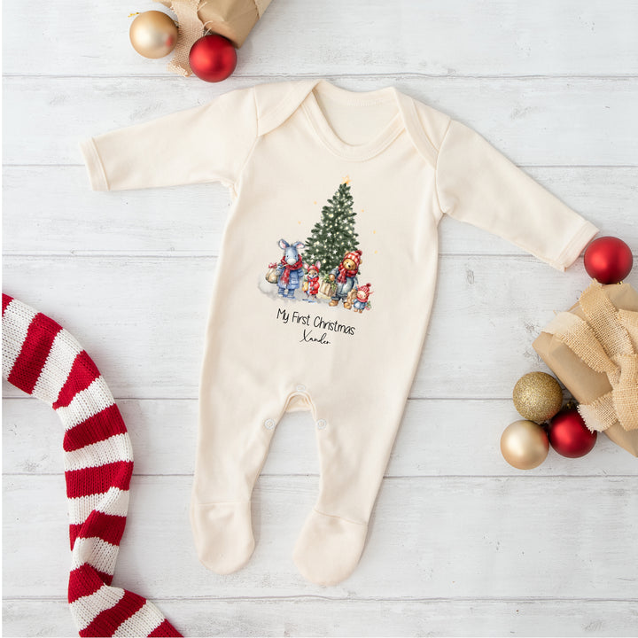 Personalised Pooh Bear Christmas Scene Sibling Matching Pyjama/Babygrow