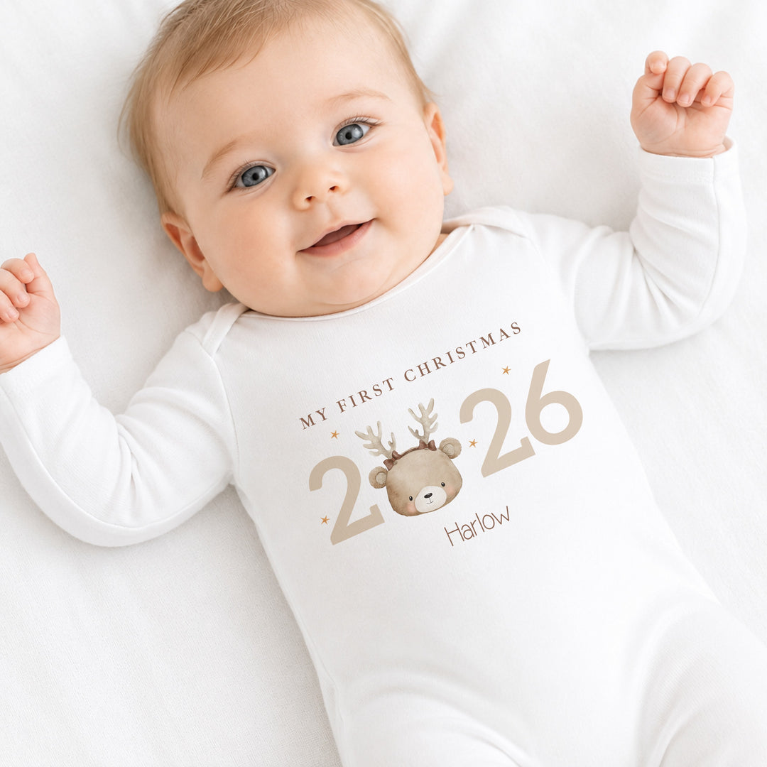 Personalised Bear Reindeer My First Christmas 2026 Baby Grow or Vest