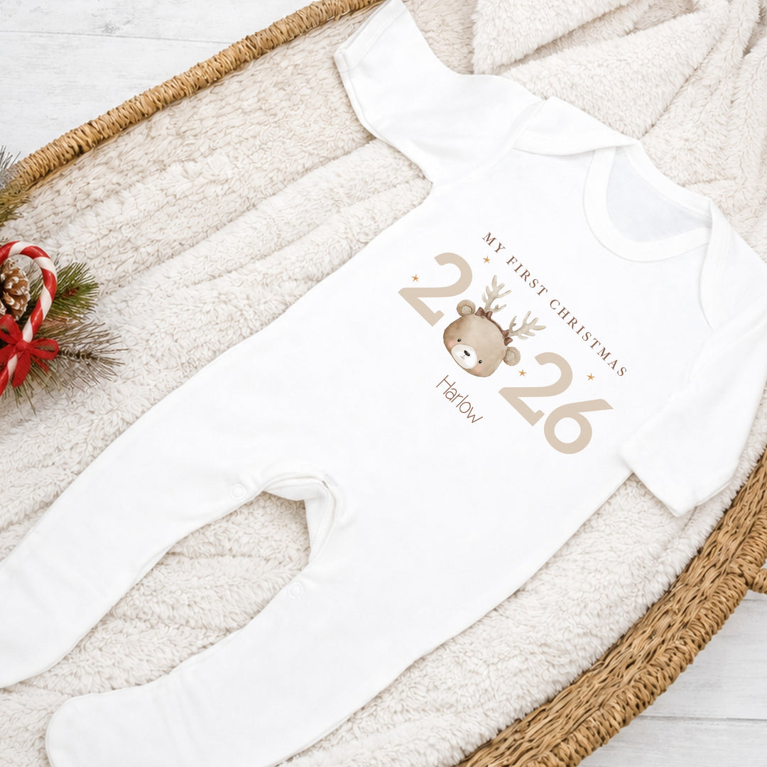 Personalised Bear Reindeer My First Christmas 2026 Baby Grow or Vest