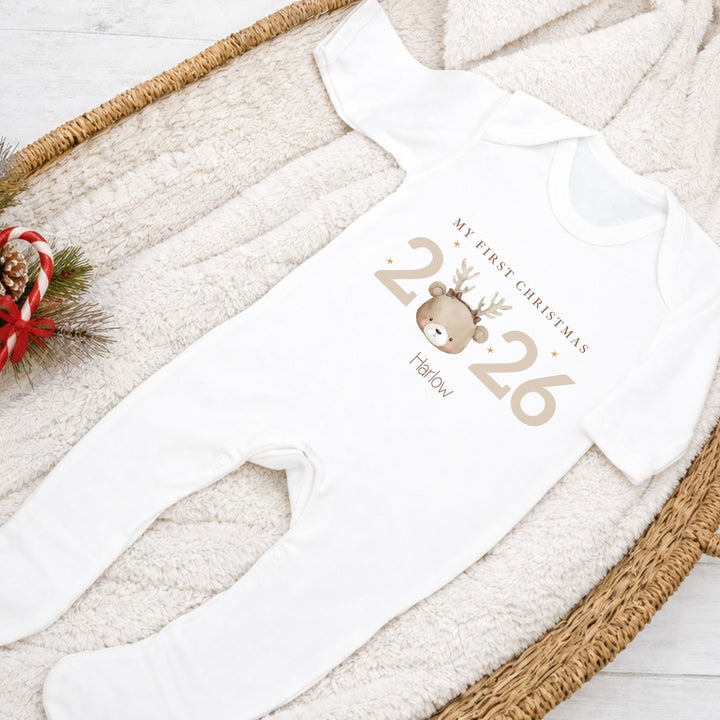 Personalised Bear Reindeer My First Christmas 2026 Baby Grow or Vest