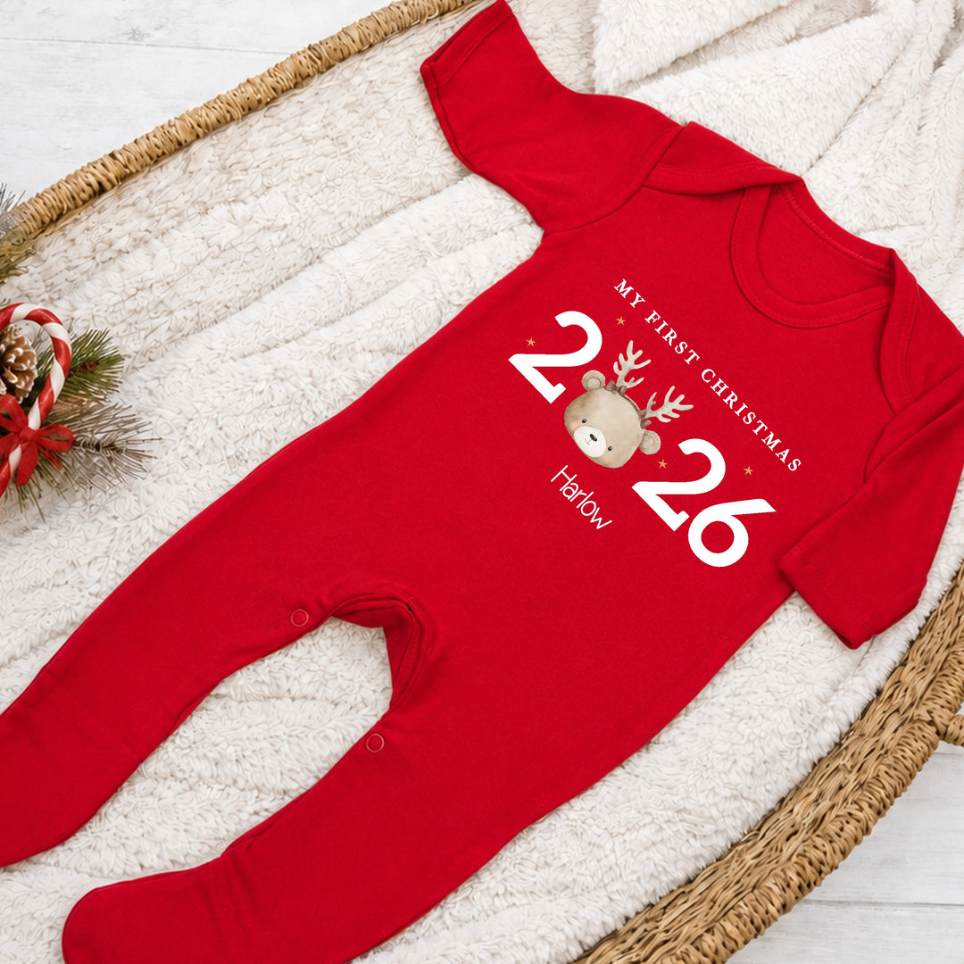 Personalised Bear Reindeer My First Christmas 2026 Red Baby Grow