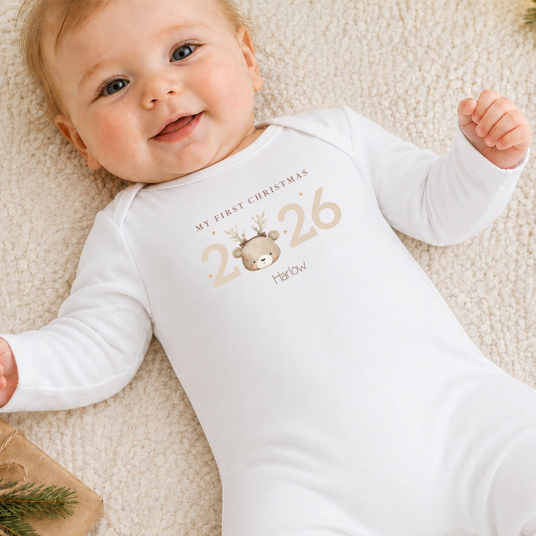 Personalised Bear Reindeer My First Christmas 2026 Baby Grow or Vest
