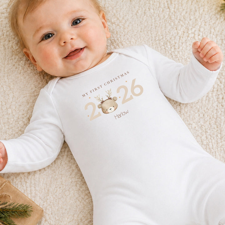 Personalised Bear Reindeer My First Christmas 2026 Baby Grow or Vest