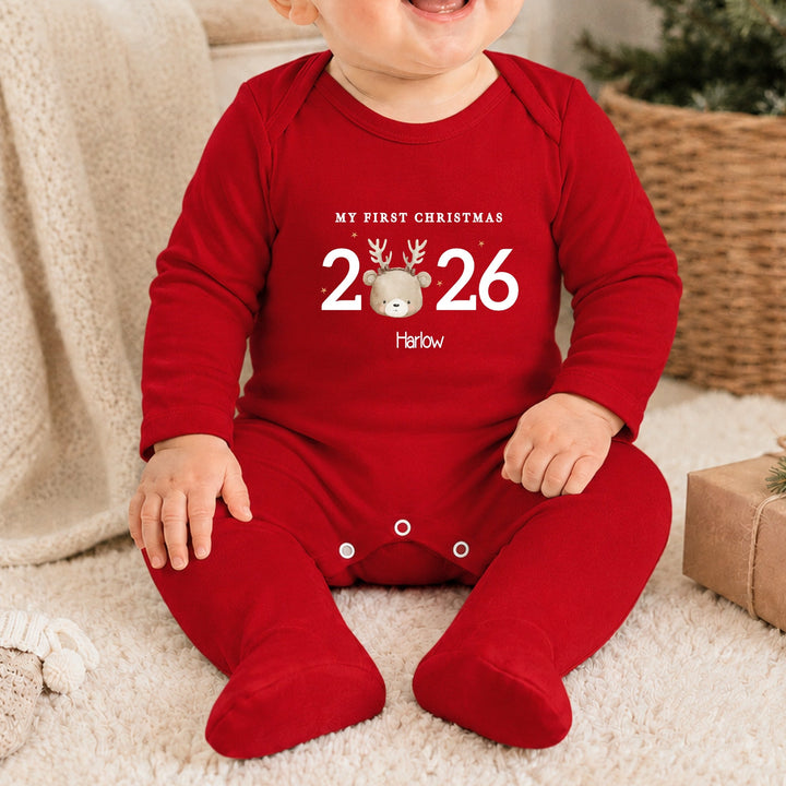 Personalised Bear Reindeer My First Christmas 2026 Red Baby Grow
