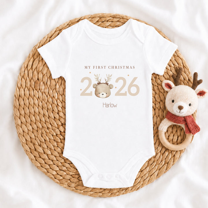 Personalised Bear Reindeer My First Christmas 2026 Baby Grow or Vest
