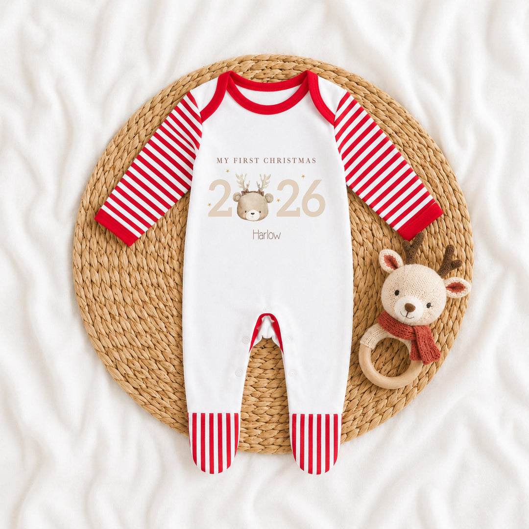 Personalised Bear Reindeer My First Christmas 2026 Red Baby Grow