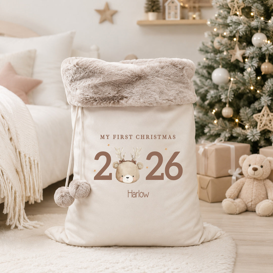 Personalised Bear Reindeer My First Christmas 2026 Stocking or Santa Sack