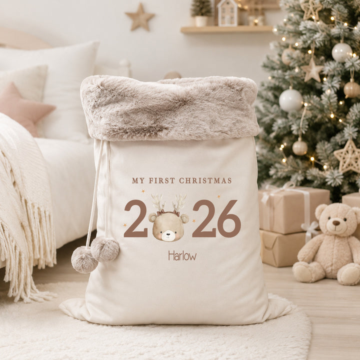 Personalised Bear Reindeer My First Christmas 2026 Stocking or Santa Sack