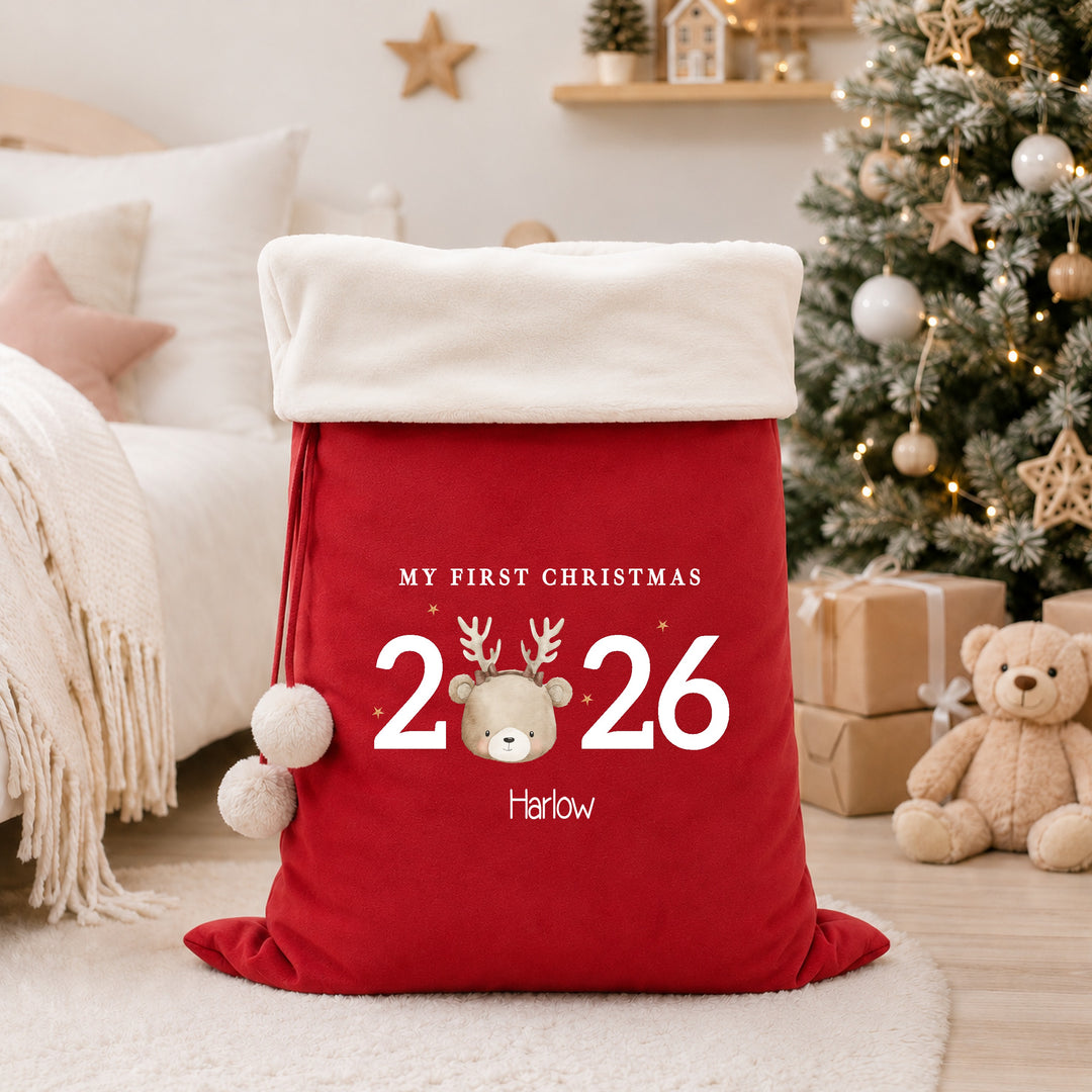 Personalised Bear Reindeer My First Christmas 2026 Stocking or Santa Sack
