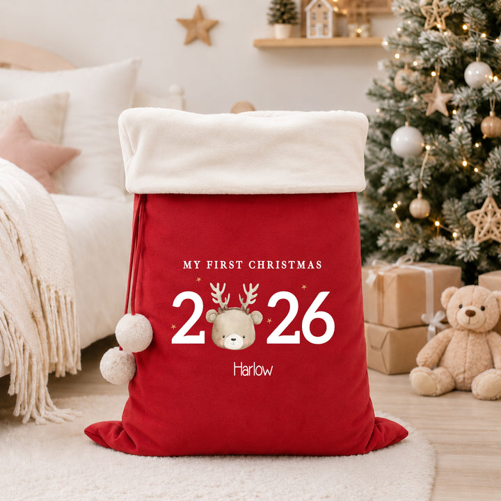 Personalised Bear Reindeer My First Christmas 2026 Stocking or Santa Sack
