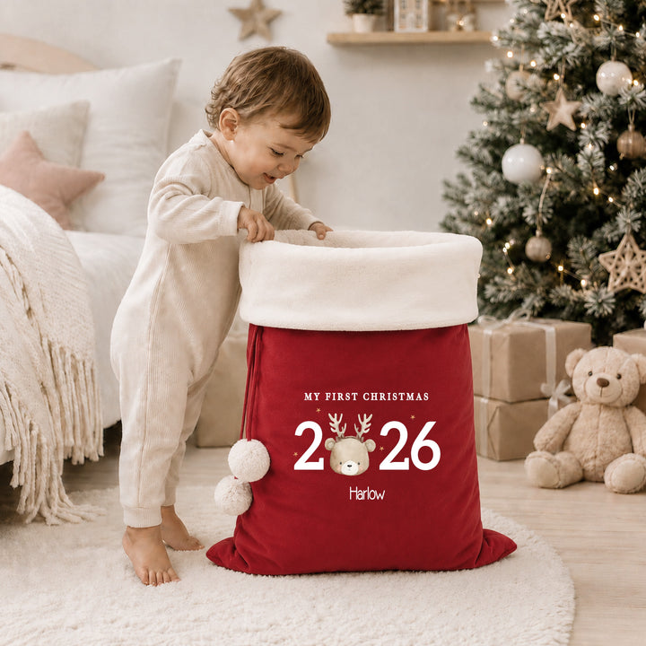 Personalised Bear Reindeer My First Christmas 2026 Stocking or Santa Sack