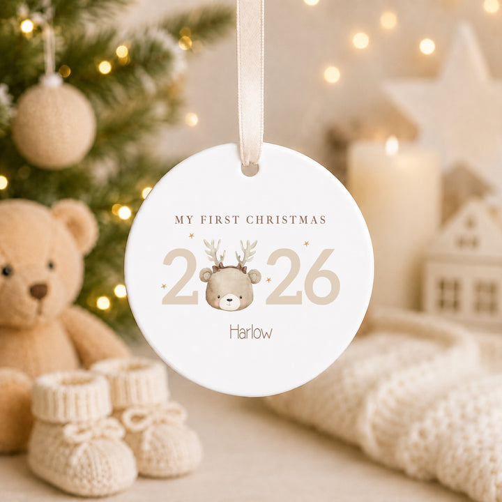 Personalised Bear Reindeer My First Christmas 2026 Ceramic Bauble