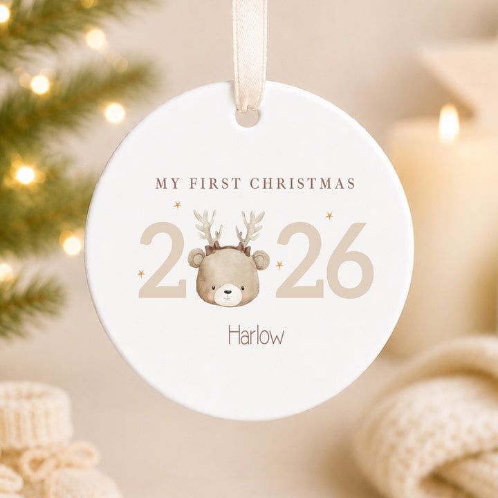 Personalised Bear Reindeer My First Christmas 2026 Ceramic Bauble