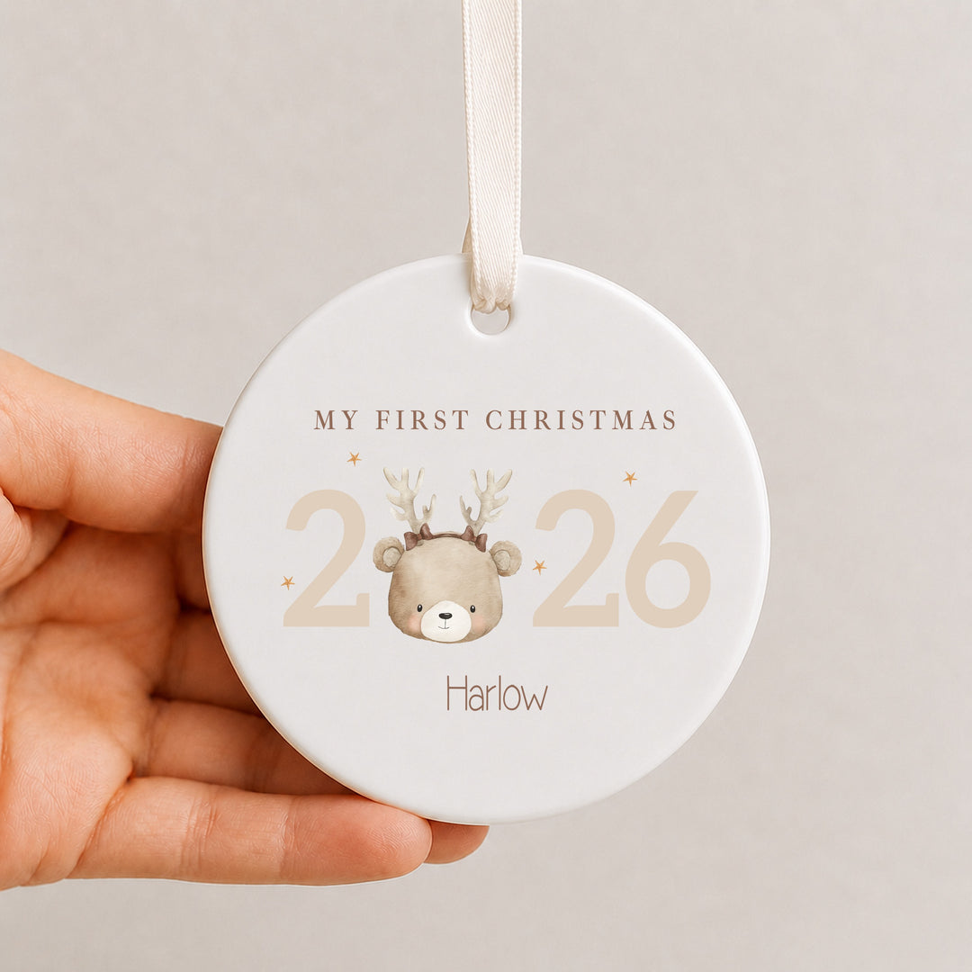 Personalised Bear Reindeer My First Christmas 2026 Ceramic Bauble